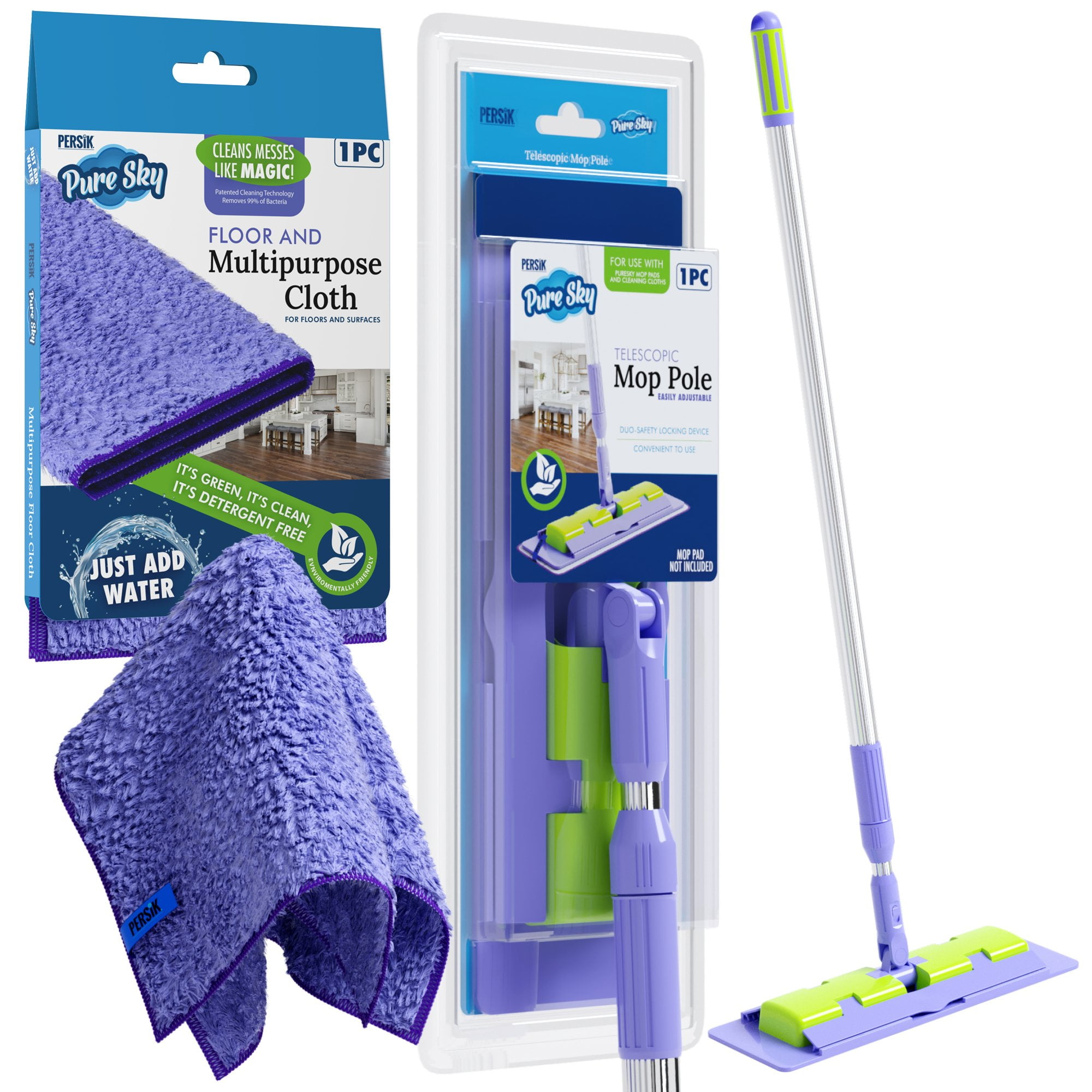 Magic Deep Clean Floor Mop - JUST ADD Water No Needed - Ultra Microfiber Damp Mop Cleaner - Includes Pole Light Weight, Strong Durable Pole + Includes Attachable Towel -