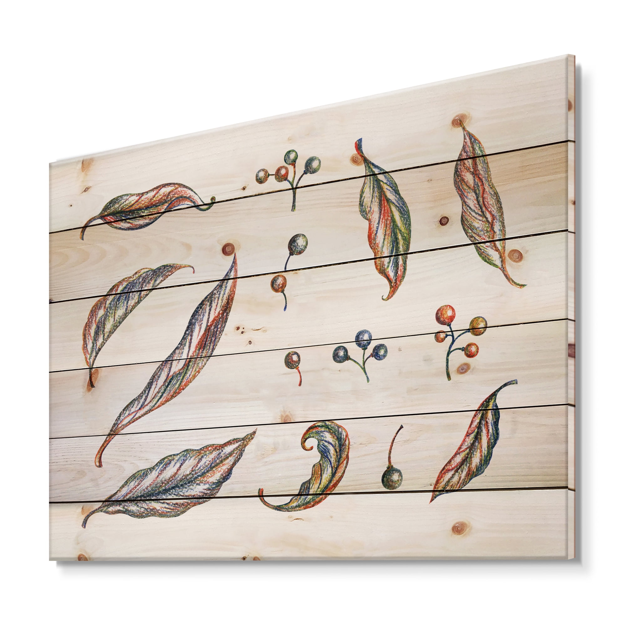 Designart 'Leaves and Berries Of Wild Grapes' Bohemian & Eclectic Print on Natural Pine Wood