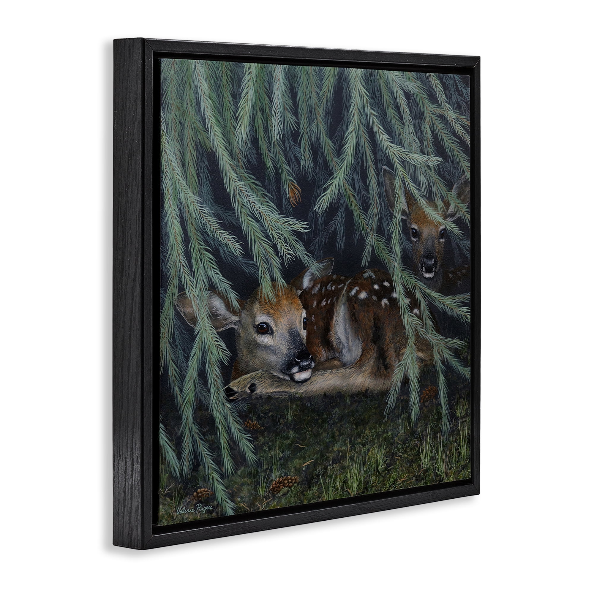 Stupell Industries Deer Under Forest Tree Animals Painting Black Floater Framed Canvas Art Print Wall Art, 25 x 25