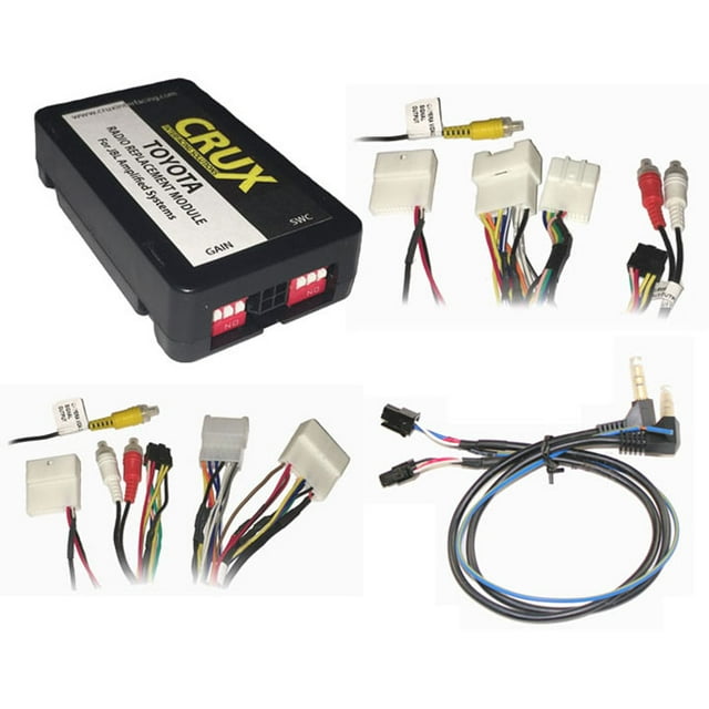Remplacement de Radio CRUX avec Rétention d'Ampli SWC et JBL pour Toyota/Lexus 2003-2016. l'Image Montre le module d'Interface CRUX SWRTY-61J aux Côté de Divers Connecteurs et Harnais de Câblage. Conçu pour les Véhicules Lexus, Scion et Toyota, Il Conserve les Amplificateurs JBL Installés en Usine, les Commandes du Volant et l'Entrée audio Auxiliaire OEM. Comprend un Câblage Codé par Couleur EIA pour une installation Facile et Prend