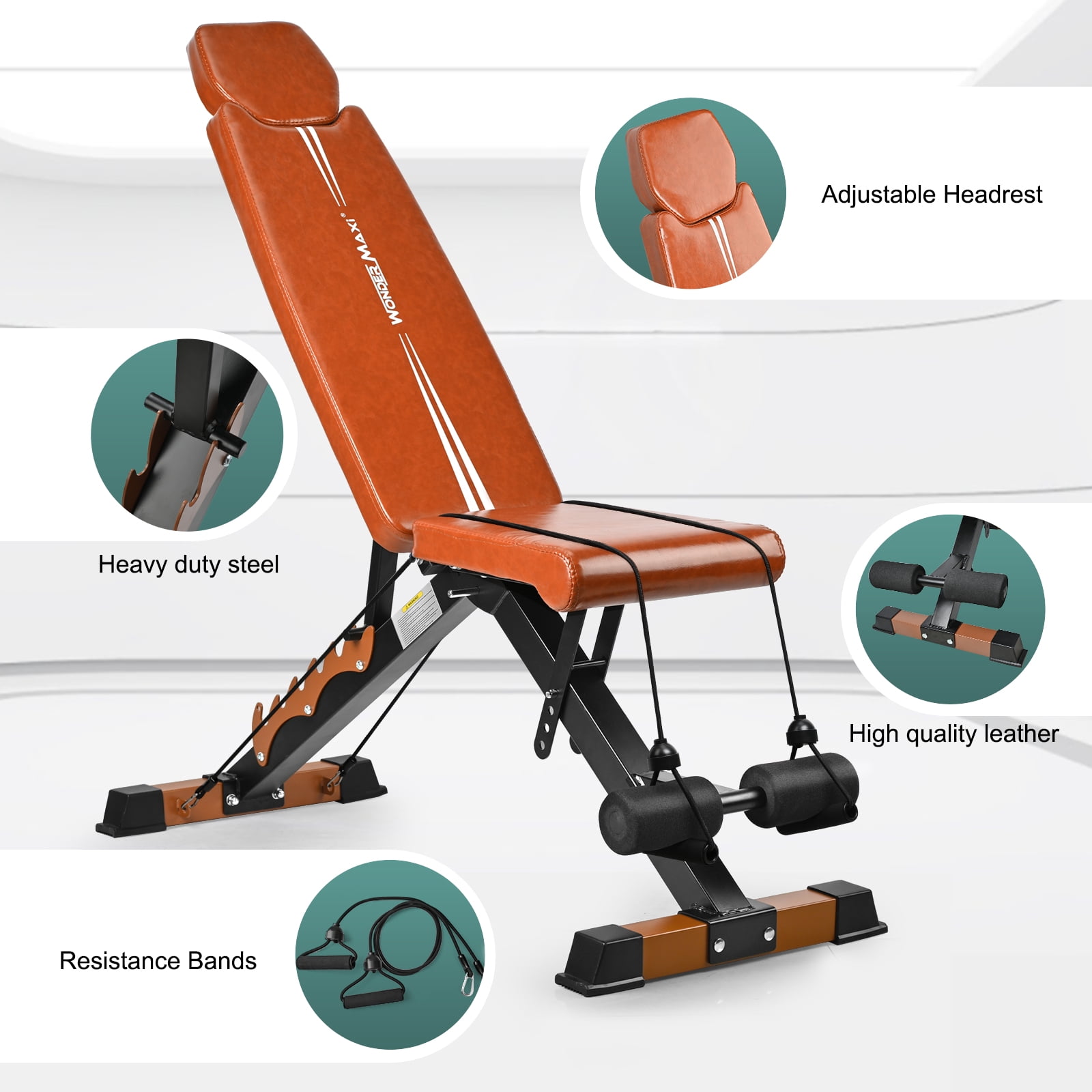 Wonder Maxi Adjustable Weight Bench Strength Training Foldable Workout Bench Up to 700 lbs (Brown)