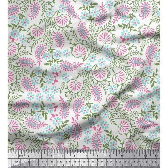 Soimoi Crepe Silk Fabric Leaves,Floral & Paisley Block Printed Craft Fabric by The Yard 42 Inch Wide