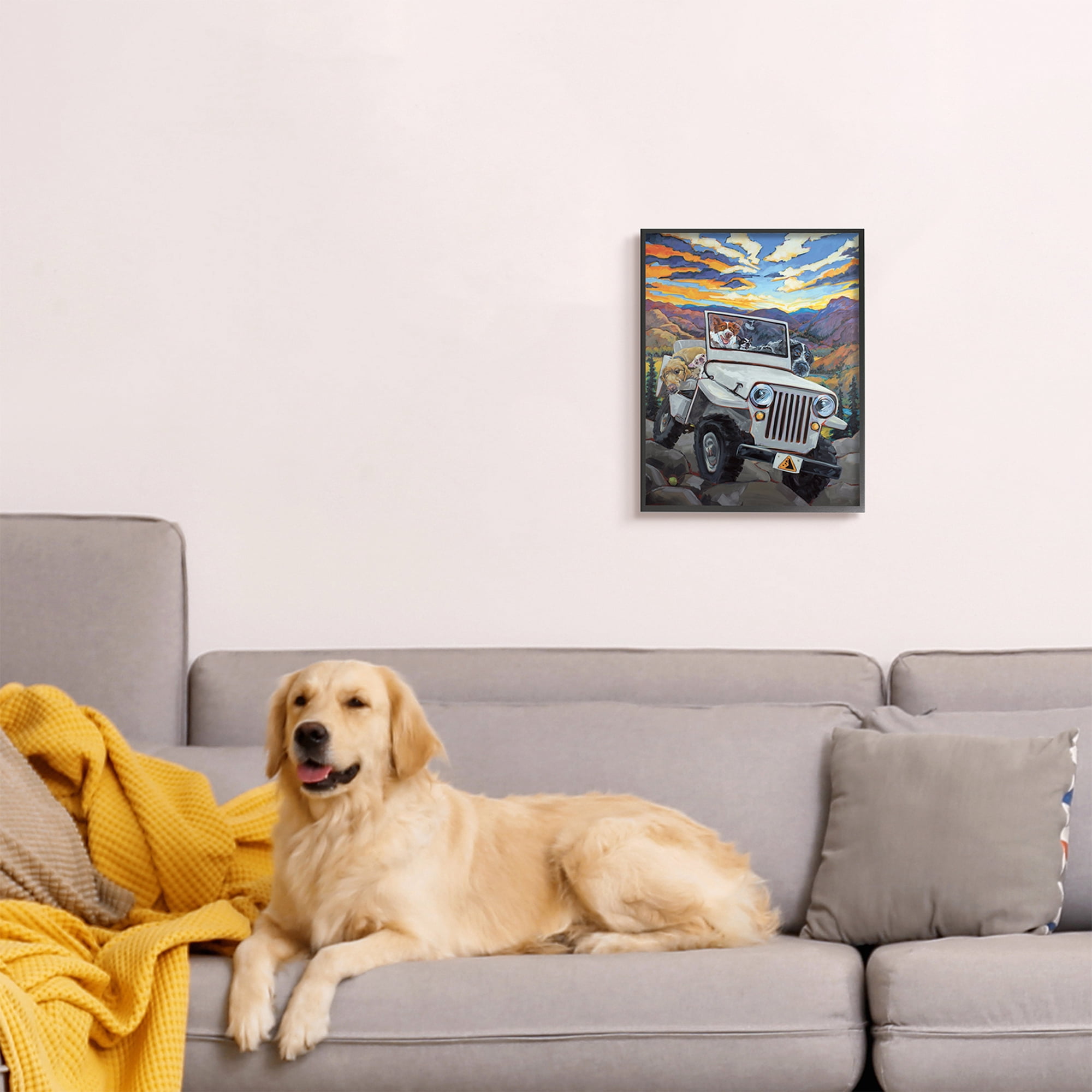 Stupell Industries Dogs Off-Roading Desert Drive Mountain Sunset Animals & Insects Painting Black Framed Art Print Wall Art, 16 x 20
