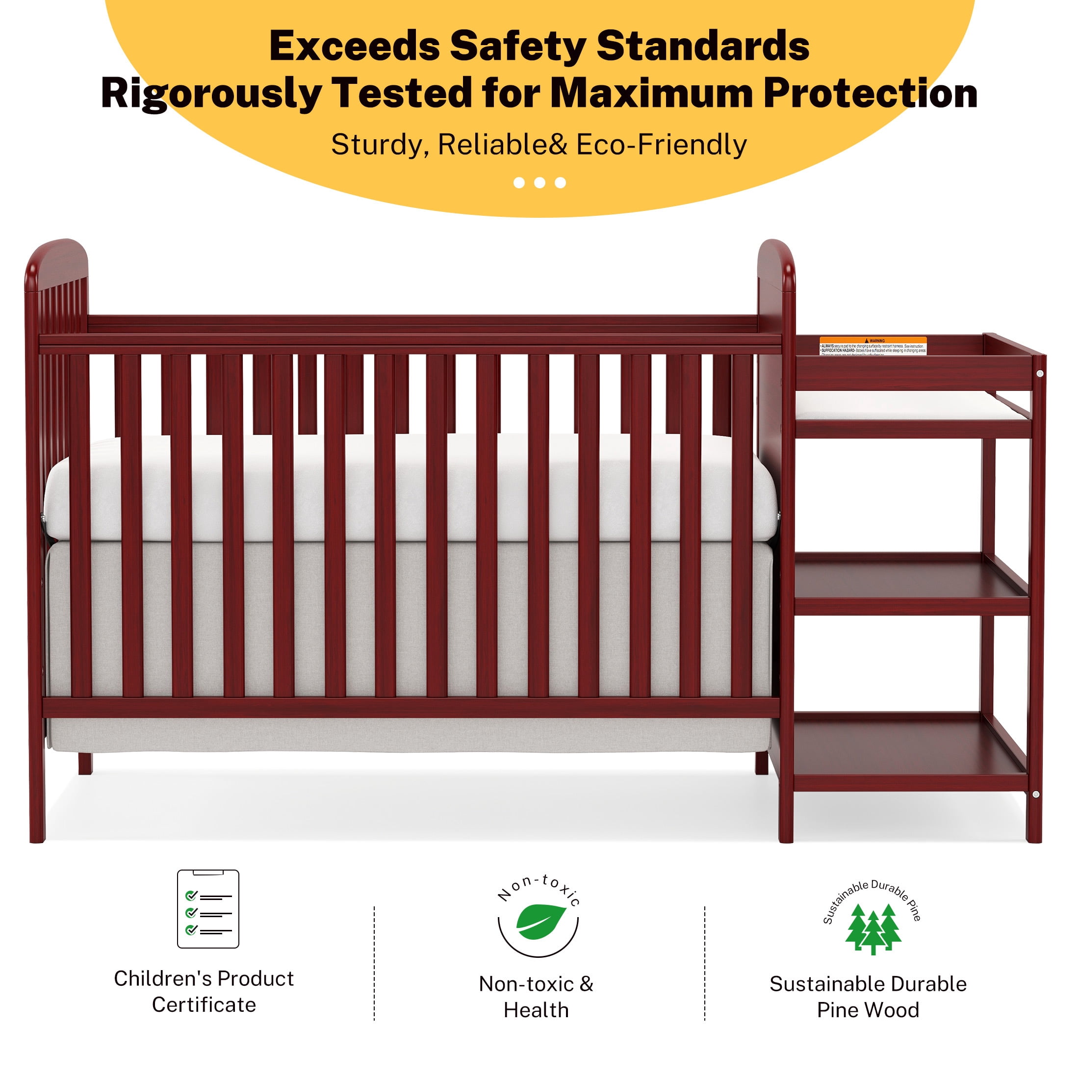 Conchico 3-In-1 Convertible Crib and Detachable Changer, New Zealand Pinewood Baby Crib, Toddler Daybed Bed with 3 Heights, Non-Toxic Finish, Easy to Assemble, Cherry