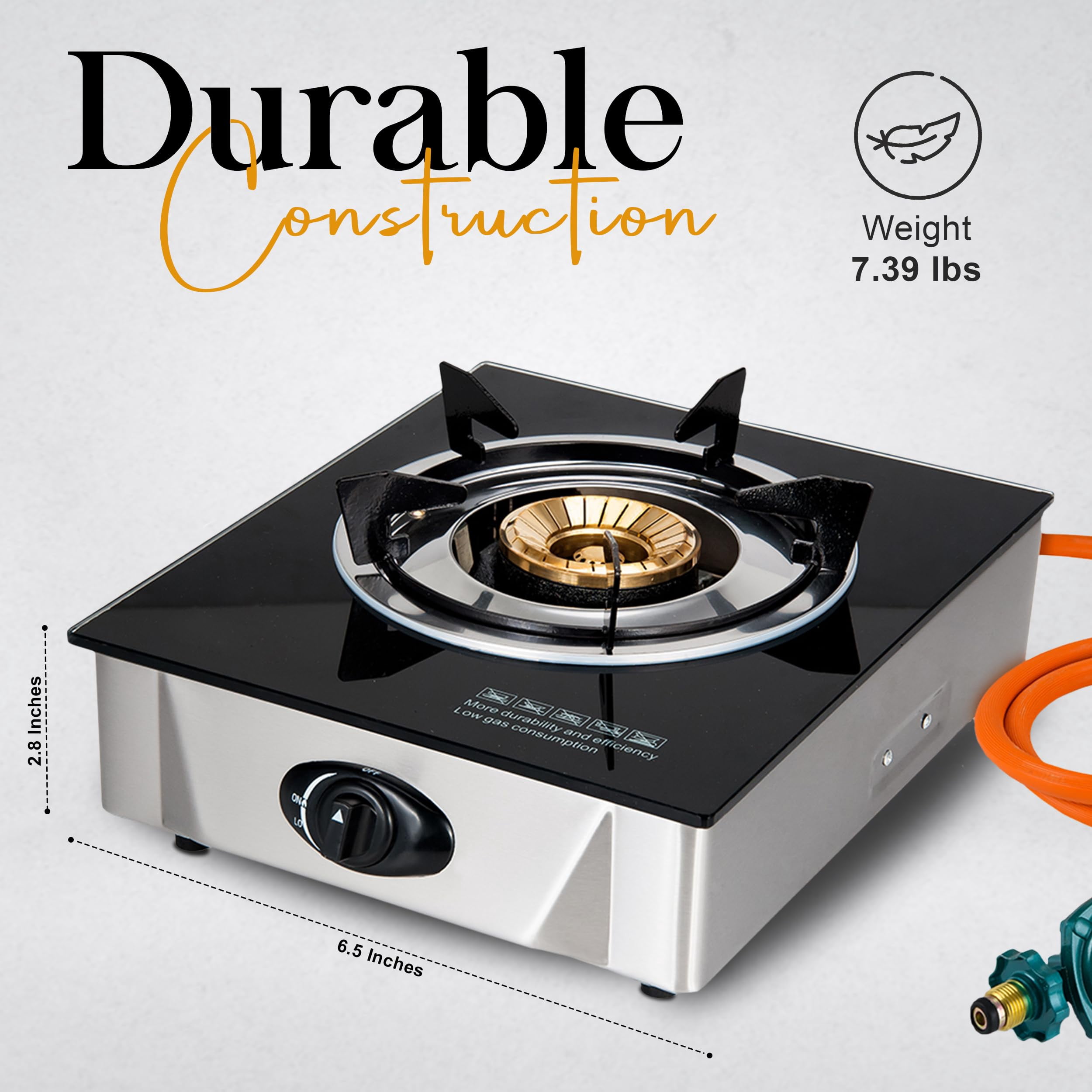 Alpine Cuisine Low-Pressure Gas Single Burner with Hose & Regulator | Kitchen Equipment & Camping Burner | Perfect for Home Cooking & Outdoor Gas Burner | Durable Color Box Packing & Easy To Use