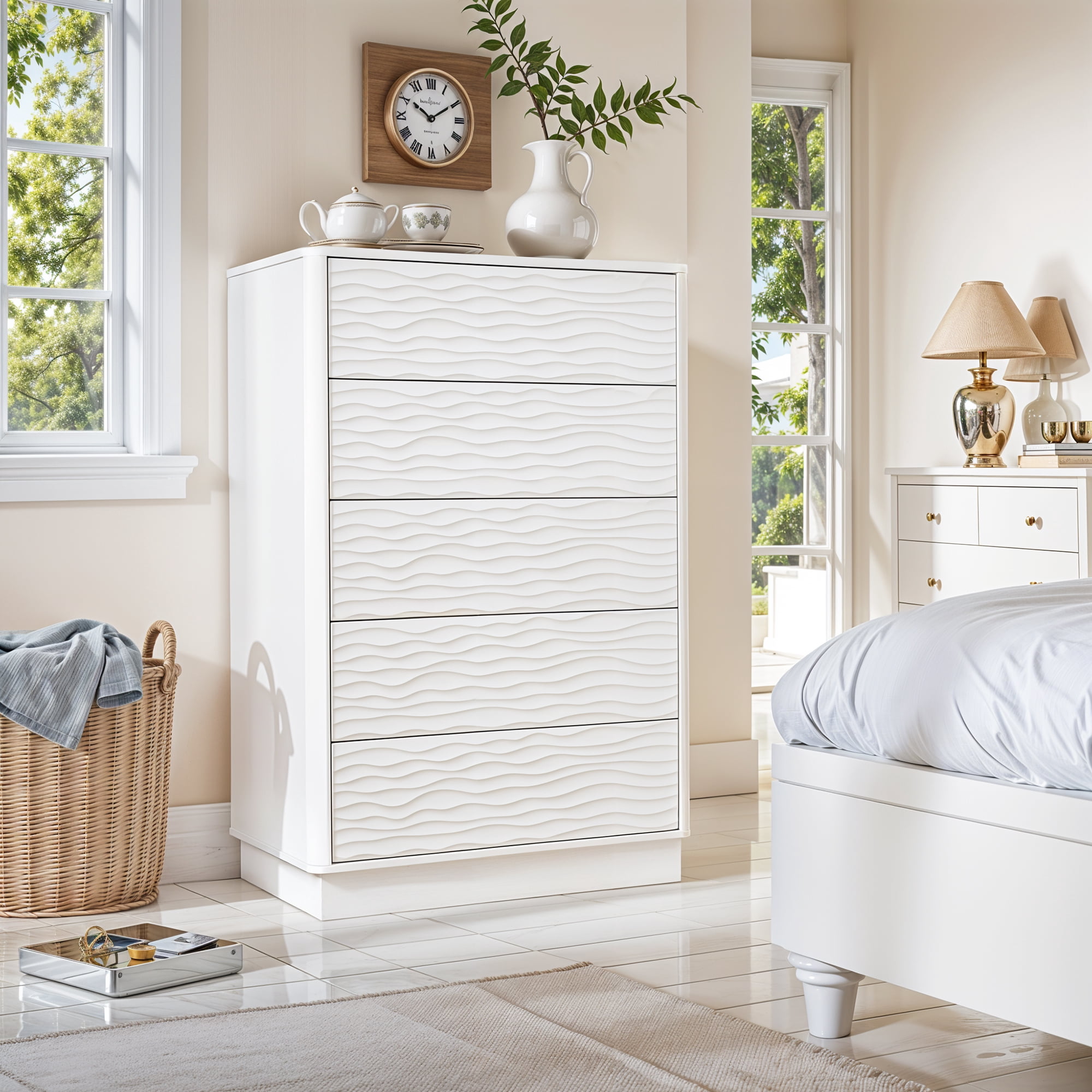 Dresser for Bedroom, 43" Tall 5 Drawer Dresser, Chest of Drawer, Modern Storage Cabinet for Kids and Adults, White