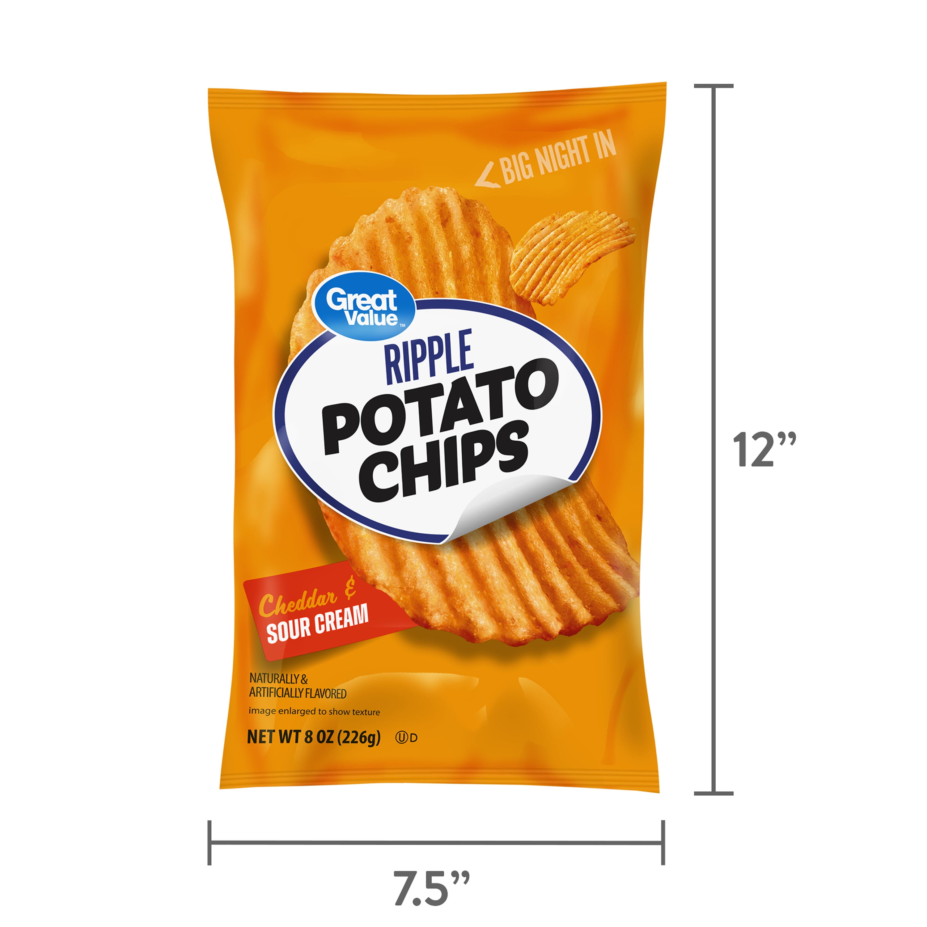 (6 pack) Great Value Rippled Cheddar & Sour Cream Flavored Potato Chips, 8 oz Bag