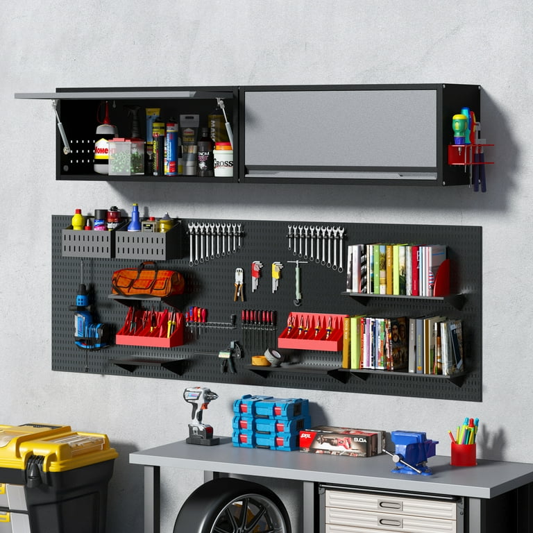 Metal Garage Wall Cabinet with Doors Side with Holes,13.8"H 1 Door Small Wall Hanging Tool Chest Cabinet ,Garage Storage Cabinet for Garage, Basement, Kitchen, Warehouse,Office, Bathroom-Black Gray
