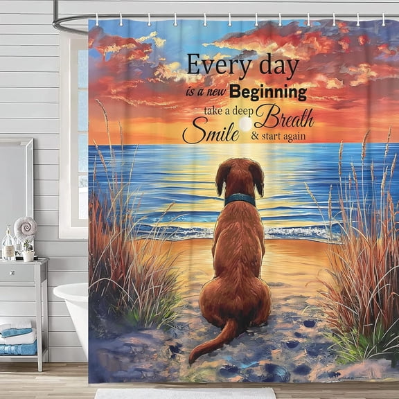 Funny Dog Bible Verse Beach Shower Curtain, Hilarious Dog on Sunset Sunrise Seascape Shower Curtain Set, Ocean Nautical Coastal Sea Bath Accessories Inspirational Art with 12PCS Hooks,60X70IN