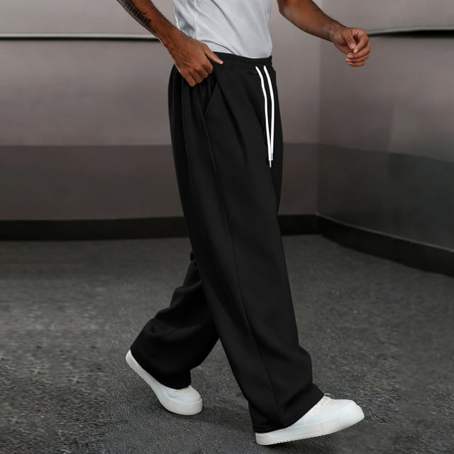 Pisexur Sweatpants for Men Classic Solid Color Elastic Waist Straight Leg Trousers for Men Loose Wide Leg Mens Sweatpants Comfortable Drawstring High Waist Sweat Pants with Pockets S-2XL Black