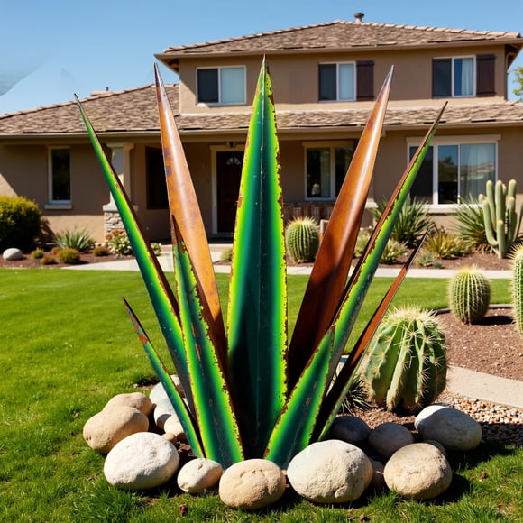 Planta metálica de agave KODIBO para decoración exterior, color verde vintage, 60 cm