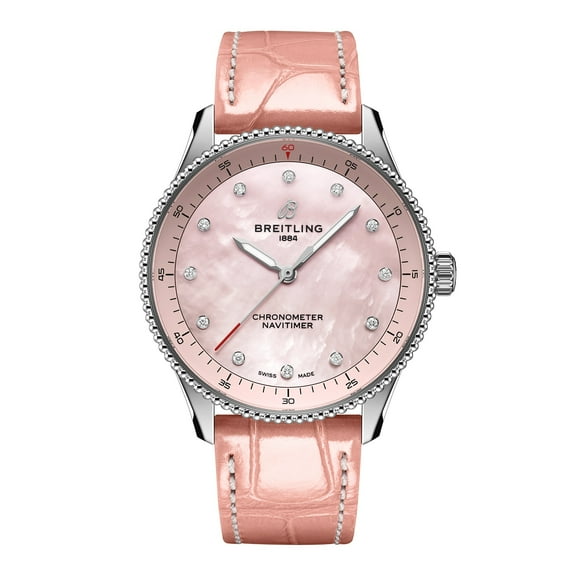 Breitling Navitimer 32 Pink Pearl Diamond Dial Leather Strap Women's Watch A77320D91K1P1