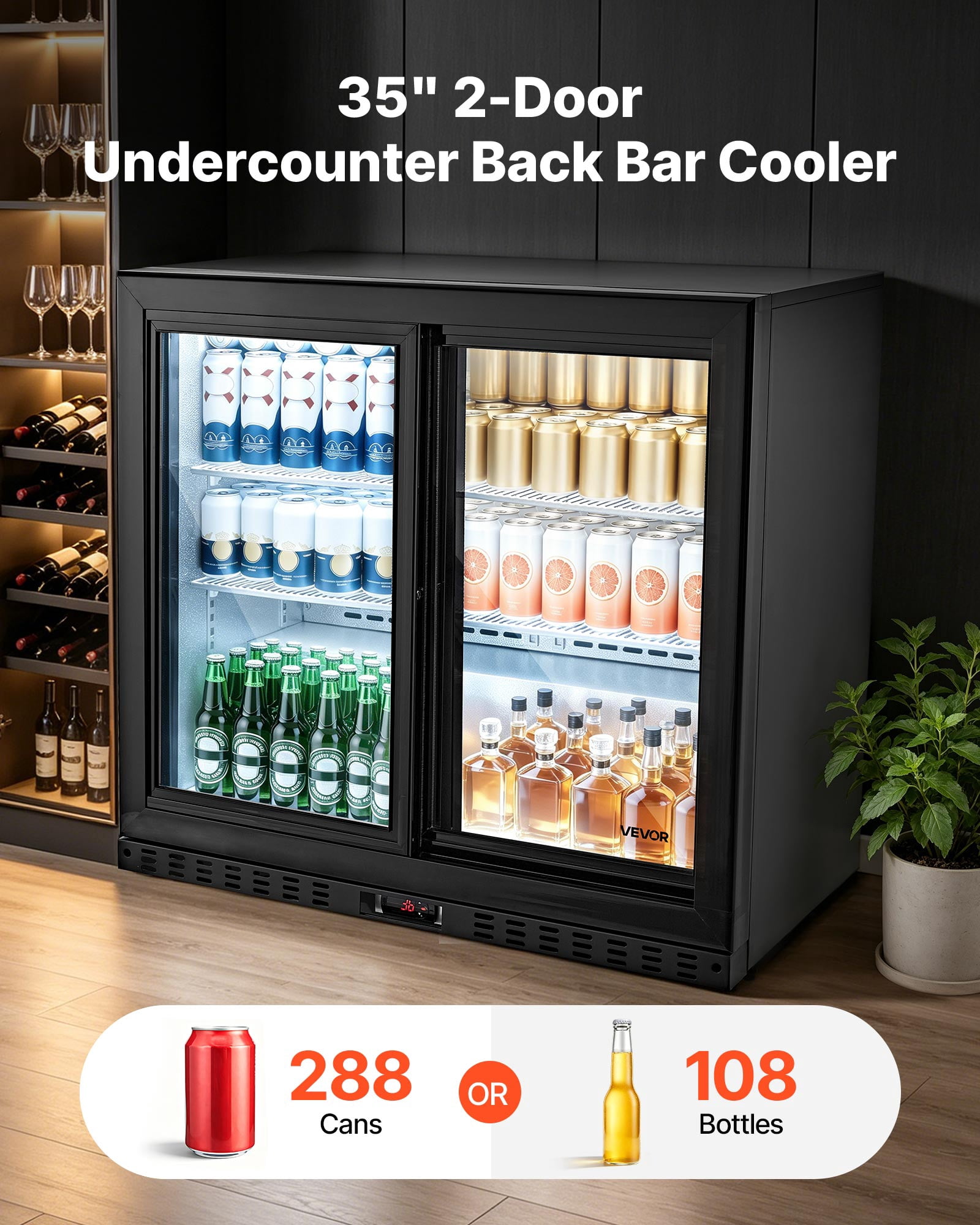 VEVOR Back Bar Cooler, 7.4 Cu. Ft Commercial Beverage Refrigerator, Under Counter Bar Fridge with 2 Sliding Doors, LED Lighting, Adjustable Shelves, Low-E Glass Display Cooler for Beer, Wine, Drink