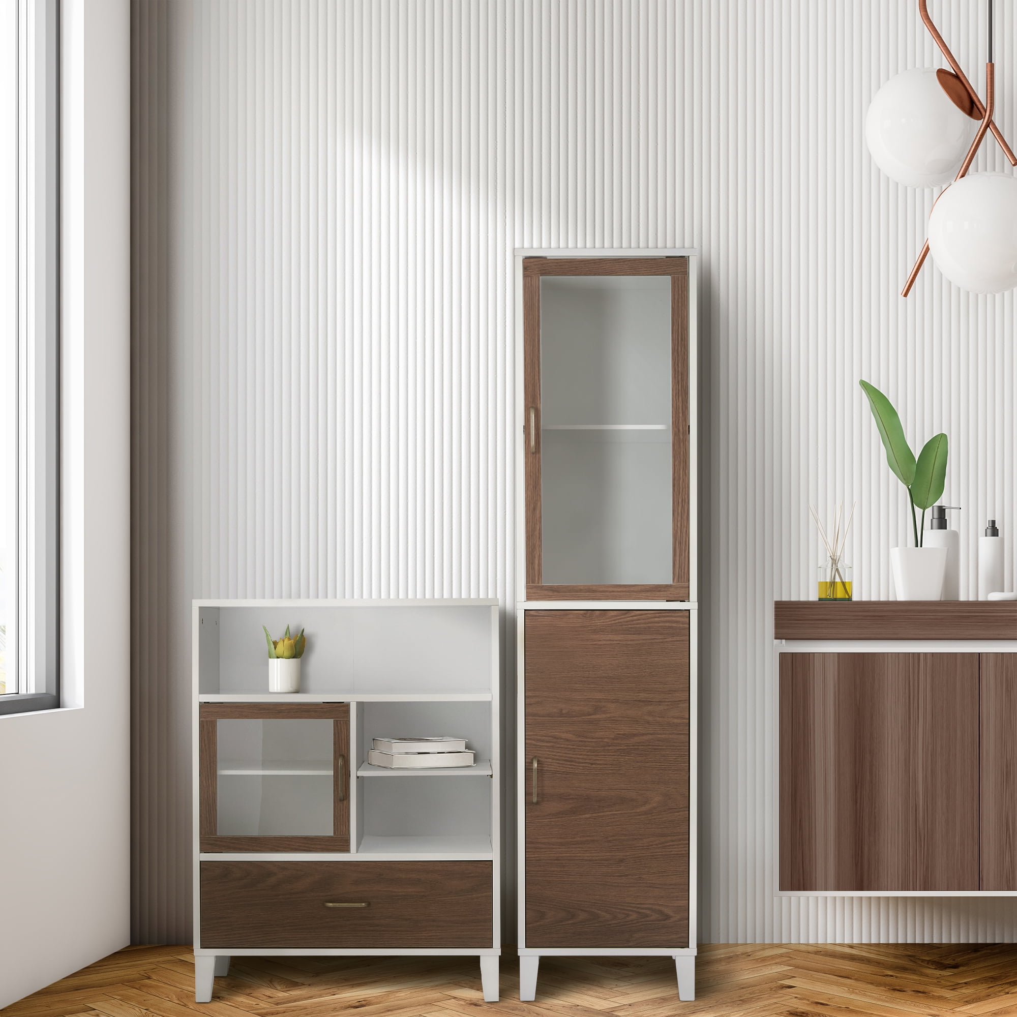 Teamson Home Tyler Freestanding Multifunctional Floor Accent Cabinet, White and Walnut