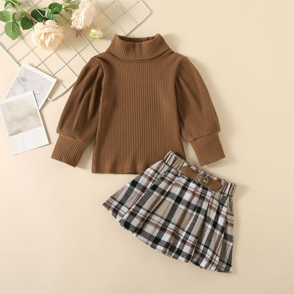 Wavsuf Clothes Sets for Girls Top with Skirt Plaid Coffee Skirt Set Size 110