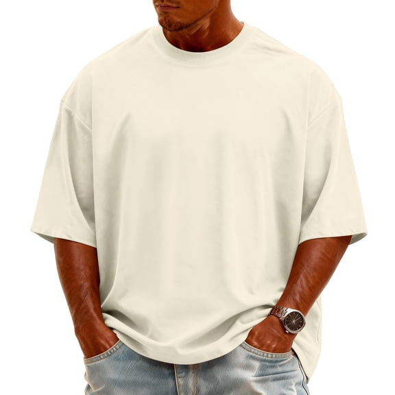 Mens Cotton Shirts Half Sleeve Crew Neck Drop Shoulder T Shirts Loose Fit Casual Vacation Pullover Tees, L