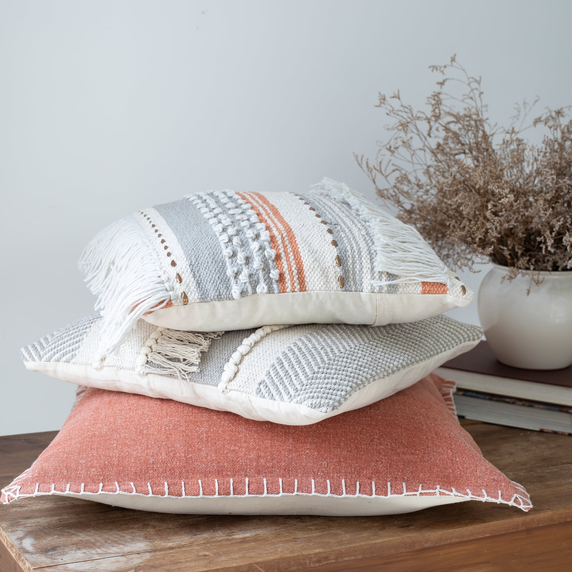 Laddha Home Designs Handwoven Striped Cotton Throw Pillow Cover - 18" - Beige and Orange
