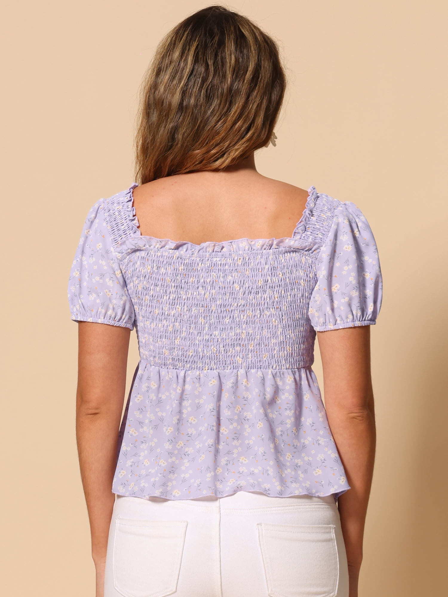 DARING DIVA Women's Puff Sleeve Floral Sweetheart Neck Ruffle Peplum Top M Light Purple