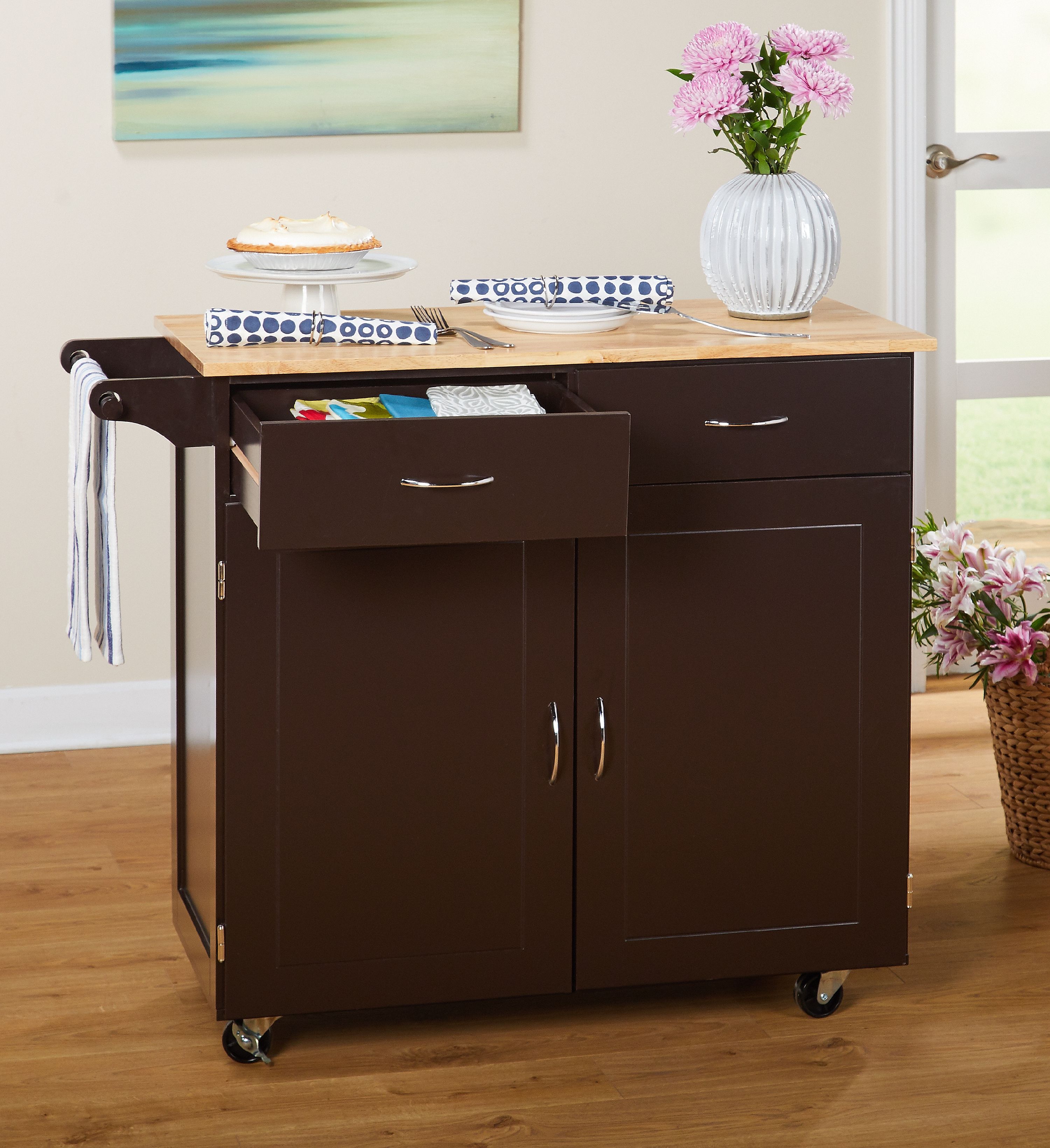 TMS Large Kitchen Cart with Rubber wood Top, Espresso - image 3 of 5