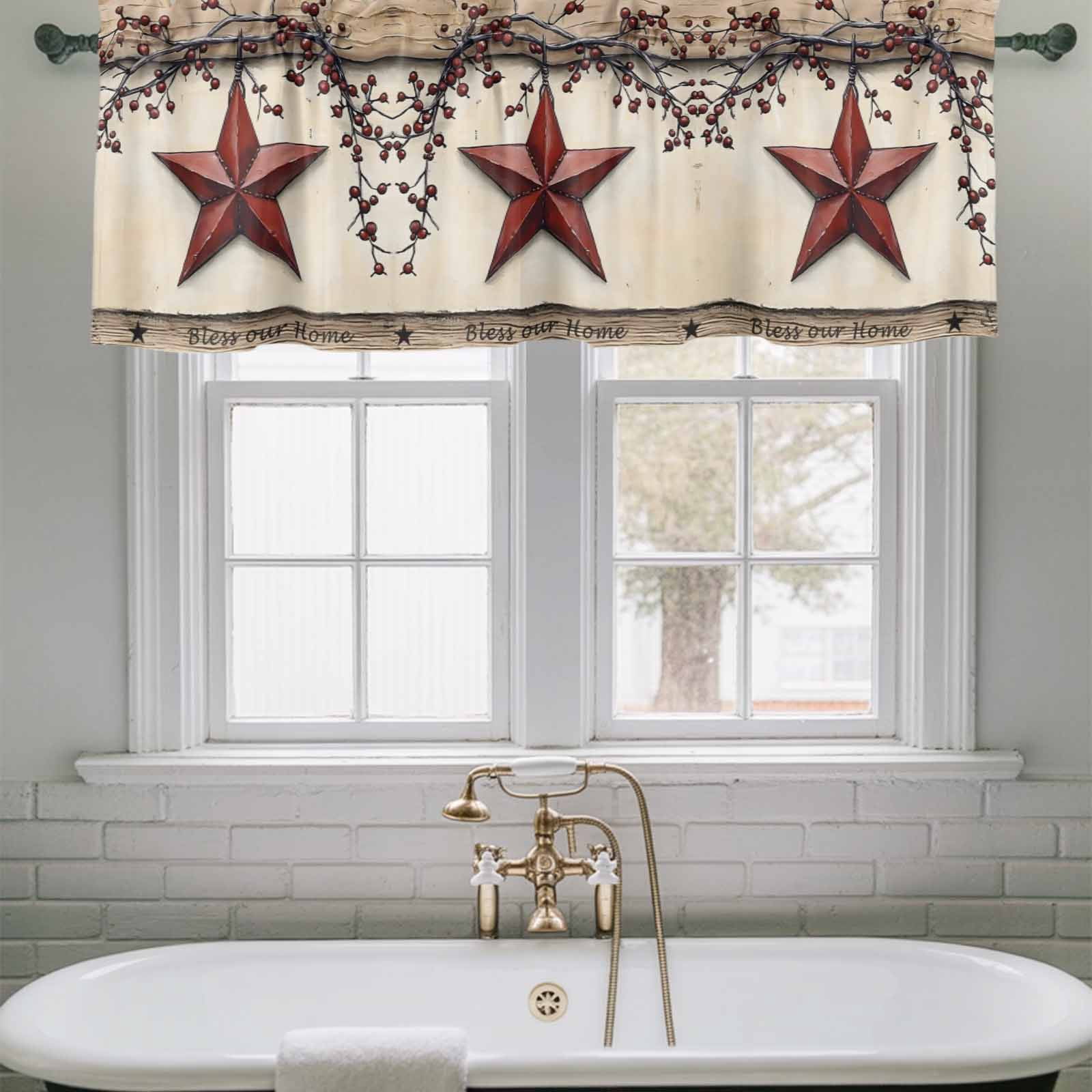 2 Pack Farmhouse American Valance for Window Country Star Berries Vintage Wood Grain Kitchen Valance Rod Pocket Short Curtain Topper Decorative Window Treatment for Living Room Bedroom 60"x18"