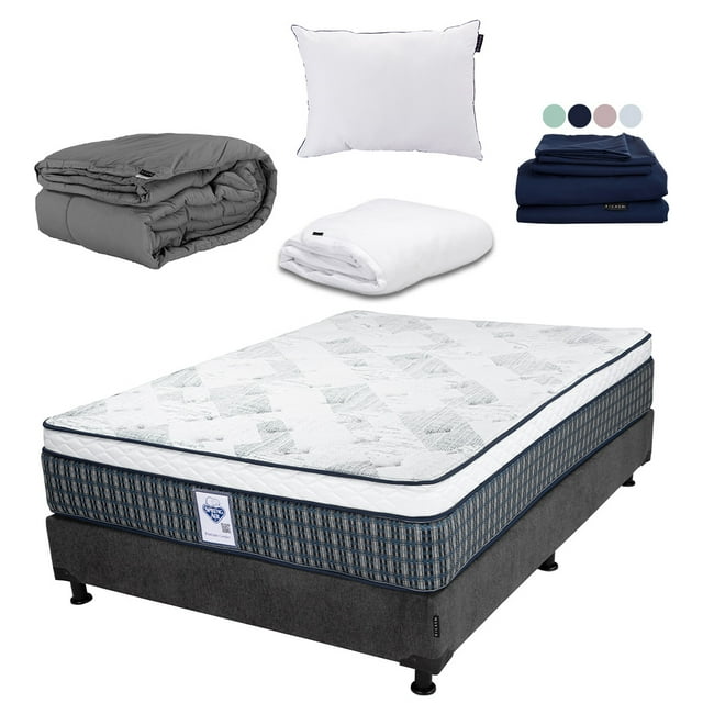 Colchón Queen Size Cardona Spring Air + Box + Almohada One + Cubre Colchón Cloud + Sábanas Softy + Edredón Homy