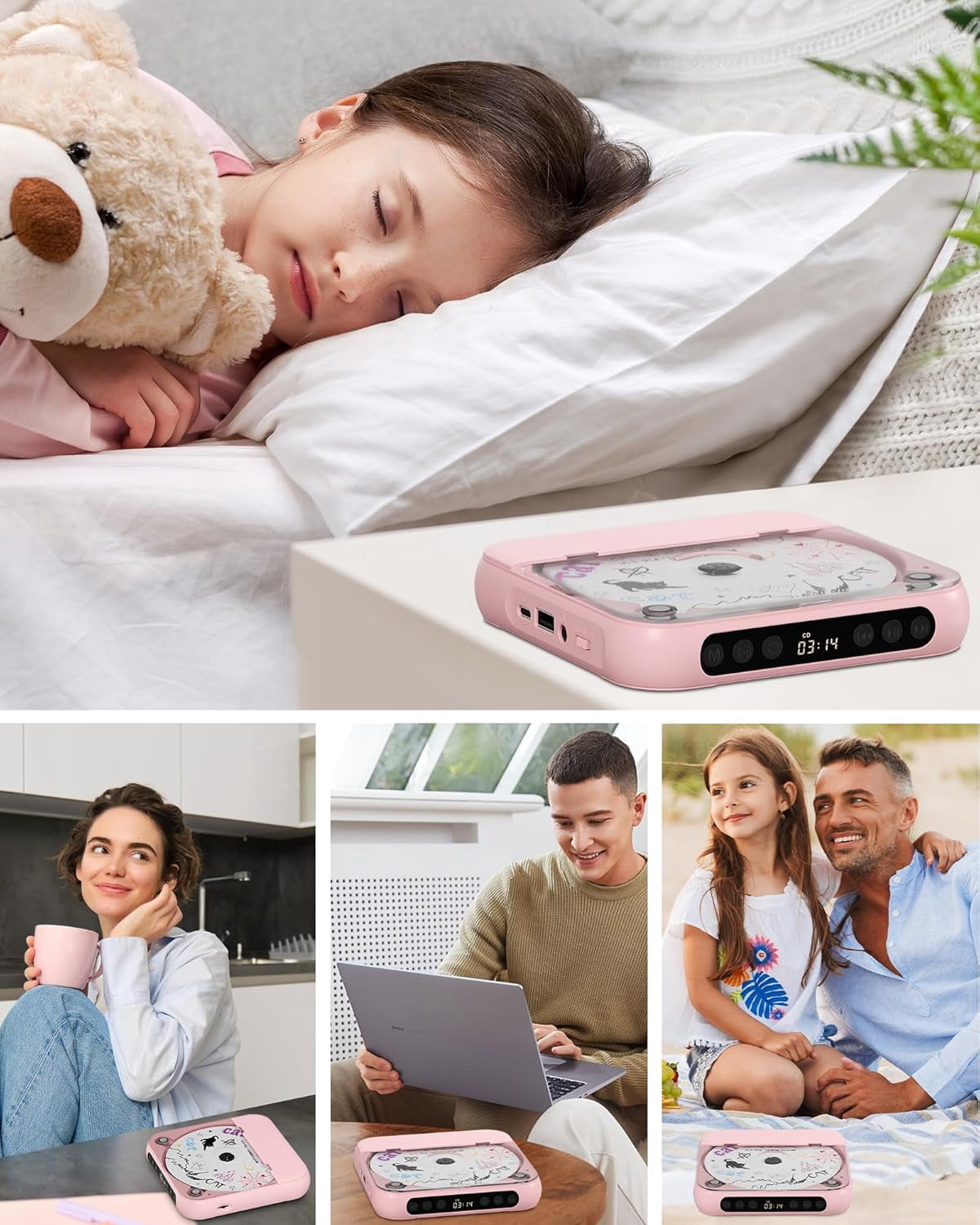 otnbgsr Portable CD Player Bluetooth 2026 Upgrade Rechargeable Music Player Dual Speakers LCD Display Support CD USB AUX MP3 with Headphones