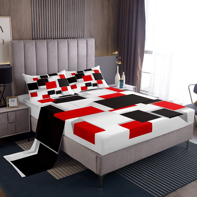 Erosebridal Draps de Lit à Carreaux Rouge et Noir Simple, Ensembles de Literie à Grille Abstraite Moderne Taille Simple 3 Pcs