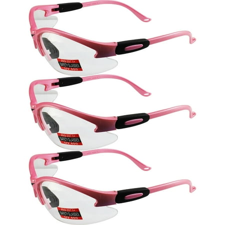 

3 PAIR Global Vision Cougar Safety Glasses for Nurses Dental Assistant Glasses Shooting Glasses for Women Ladies Men Pink Frame Clear Lens