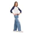 thumbnail image 3 of Forever 21 Women's Navy Blue & Ivory Varsity Raglan Crew Neck 3/4 Sleeve Top, for Casual Everyday Style, M, 3 of 6