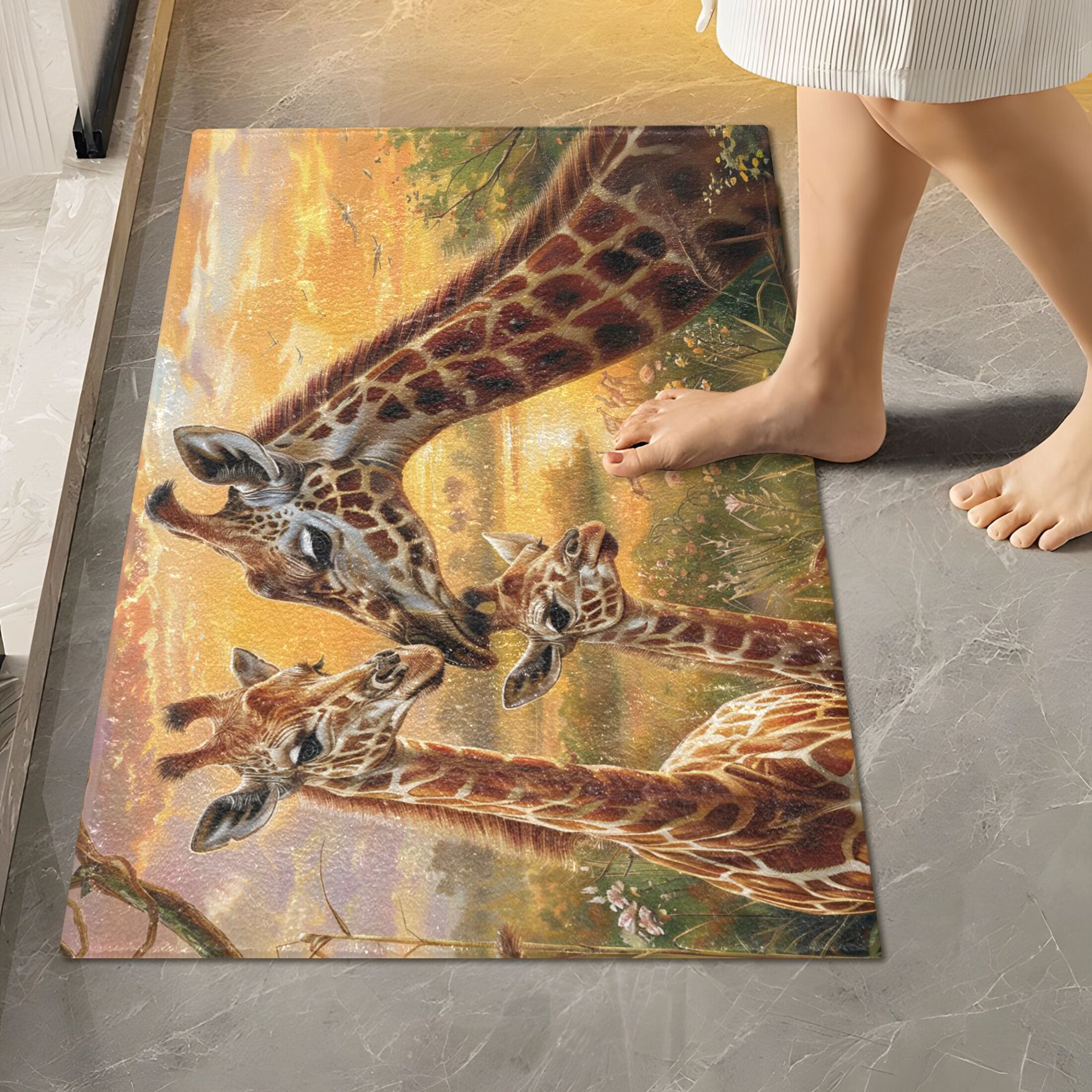 Toilet Rug Set Non-Slip Bathroom Rugs Soft Plush Machine Washable Contour Bath Mat Giraffes Family and Sunset 24x20/24x16