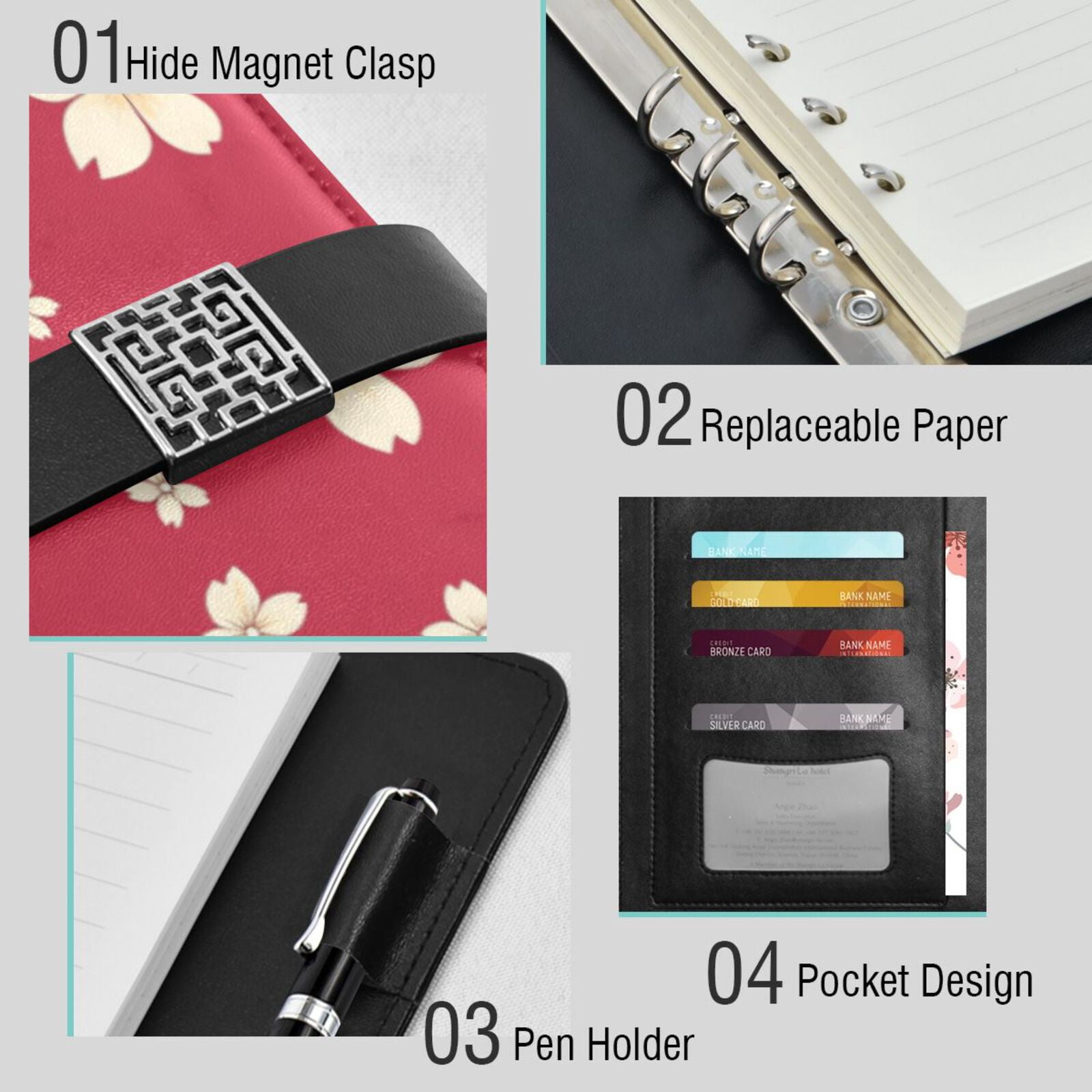Premium Faux Leather Notebook - Refillable, Multi-Functional Organizer, 23.3x17cm, All-Season Use，Many Small Flower Stickers