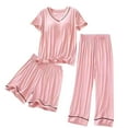 thumbnail image 1 of KIHOUT Conjunto de pijama de verano para mujer, talla grande, cuello en V, manga corta, ropa interior con almohadilla para el pecho, cintura elástica, pantalones cortos y pantalones capri, camisón, 1 of 4