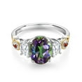 thumbnail image 2 of Gem Stone King 925 Silver and 10K Yellow Gold 3-Stone Ring Oval Green Mystic Topaz and Moissanite (2.83 Cttw, Size 5), 2 of 3