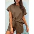 thumbnail image 5 of Women'S 2 Piece Solid Color Round Neck Casual Textured Fabric Short Sleeve Pajamas Sweatsuit Set Coffee Color XXL, 5 of 7
