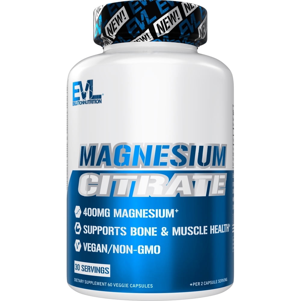 Evlution Nutrition Magnesium Citrate 400mg for Bone & Muscle Health and Natural Sleep Support, 60ct Capsules