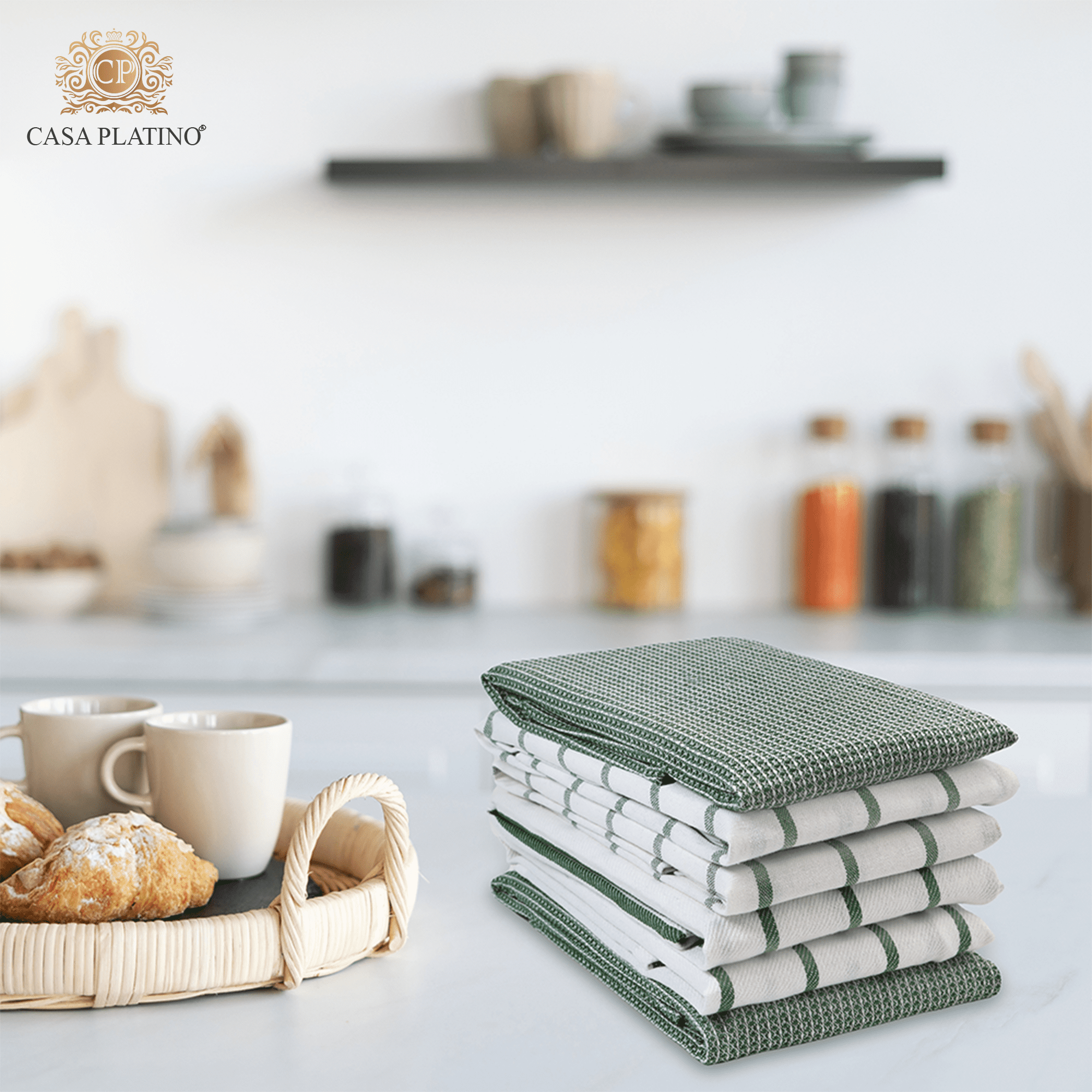 Kitchen Towels Set - Pack of 6 Cotton Dish Towels for Drying Dishes, 18''x 28'', Kitchen Hand Towels, Quick Drying Kitchen Towel Set - Olive