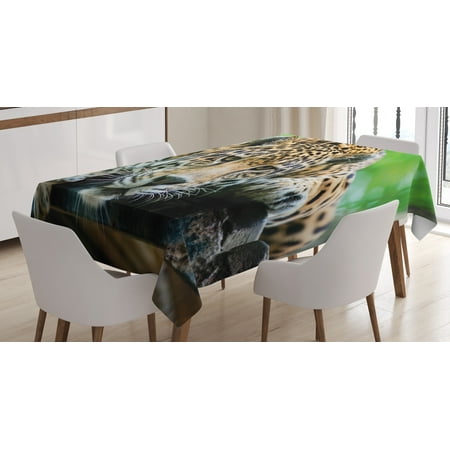 Jungle Basket - Jungle Tablecloth, South American Jaguar Wild Animal Carnivore Endangered Feline Safari Image, Rectangular Table Cover for Dining Room Kitchen, 52 X 70 Inches, Orange Black Green, by Ambesonne