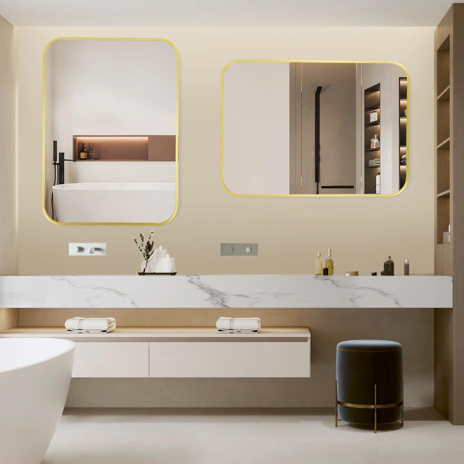 Anyrose 24"x36" Rectangle Bathroom Mirror with Rounded Corner Wall-mounted Mirror,Gold