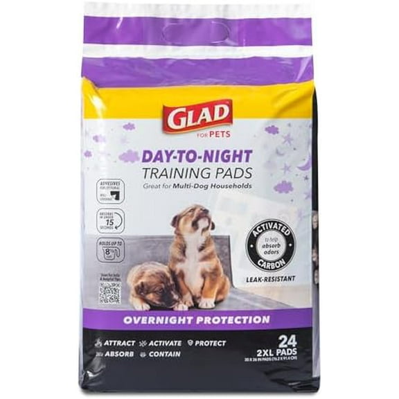 Glad for Pets Day to Night Activated Carbon Puppy Training Pads for Dogs with Wall Protection and Adhesive - Super Absorbent and Leak Proof Disposable Dog Training Pads, 30" x 36", 24 Count