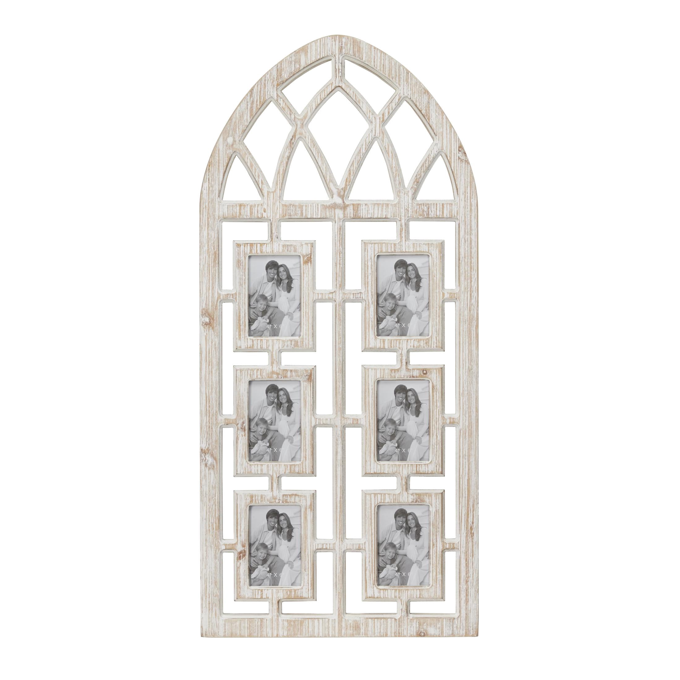 DecMode Vintage Wood Window Arch Shape 6 Slot Wall Photo Frame with Light Brown/White Finish, 19"W x 41"H