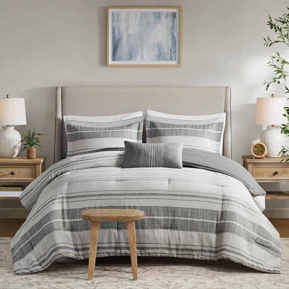 Madison Park Full/Queen Size 4 Piece Stripe Comforter Set with Throw Pillow Grey,Bed in a Bag,All Season Bed Set,Cozy and Lightweight