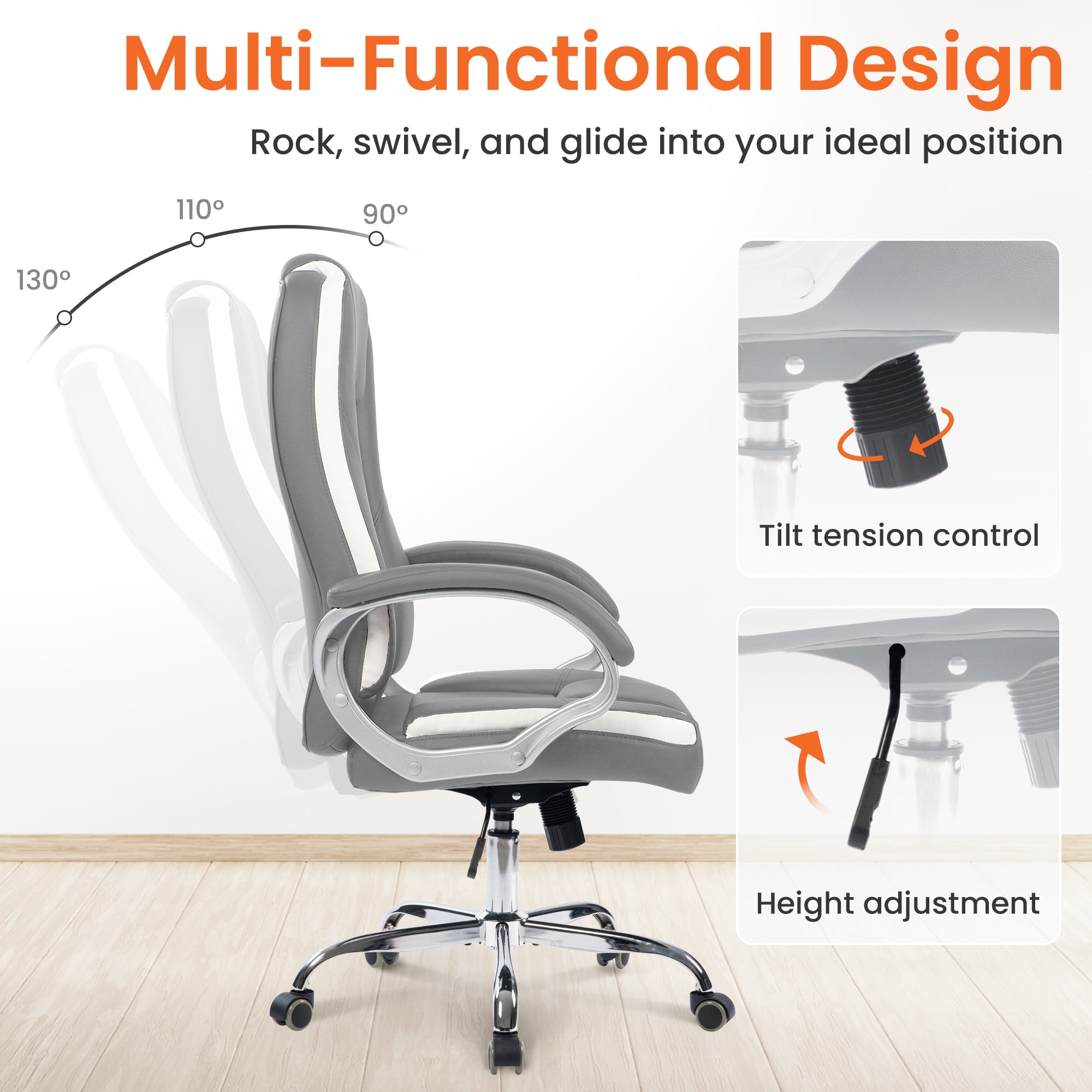 NEO CHAIR Home Office Chair, Heavy Duty Leather Office Chair, Ergonomic High Back Cushion Lumbar Back Support, Computer Desk Executive Chair for Work, 8 Hours Comfort, Gray