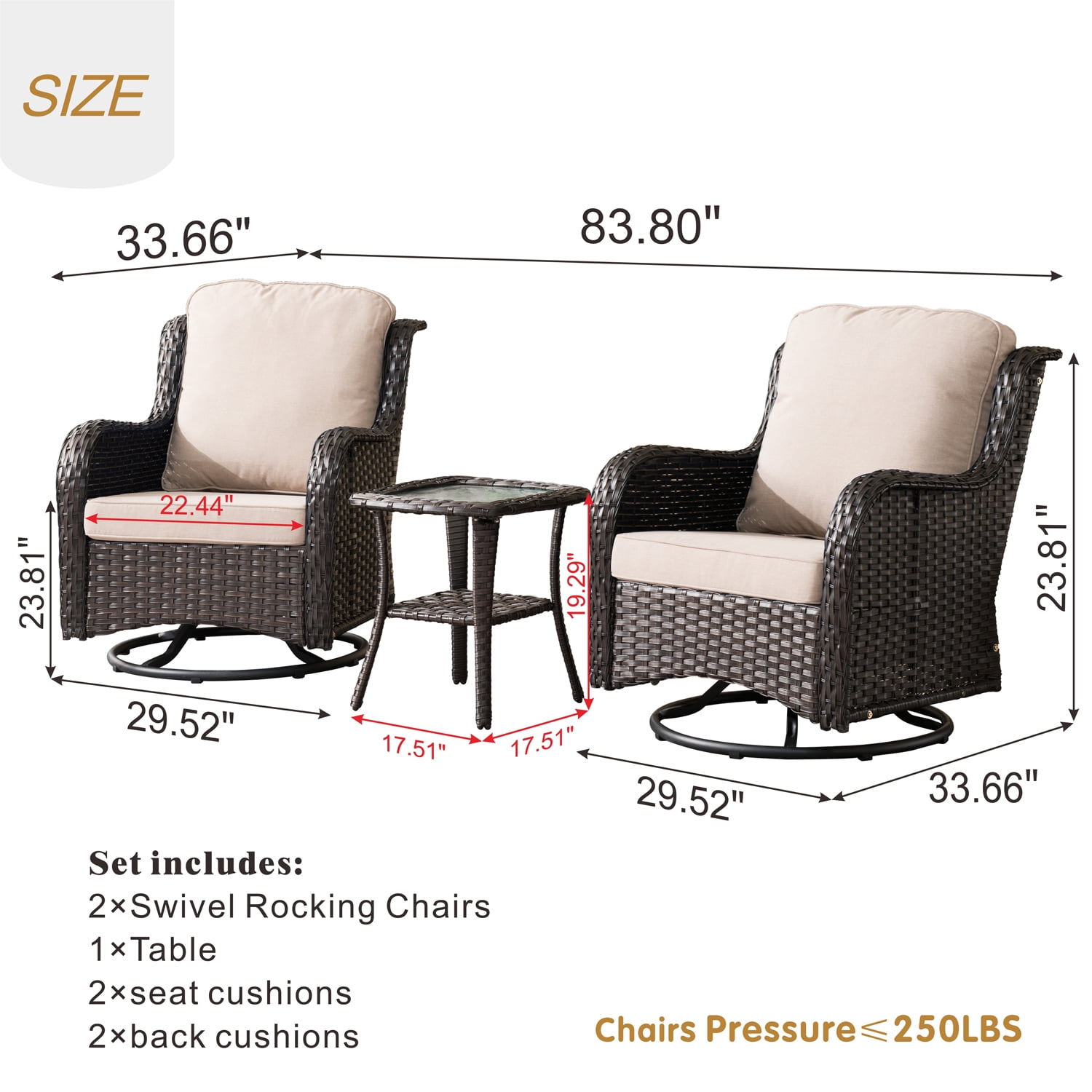 Ovios 3 Pieces Outdoor Furniture Wicker Patio Bistro Set with Swivel Chairs and Soft Cushions for Garden Backyard