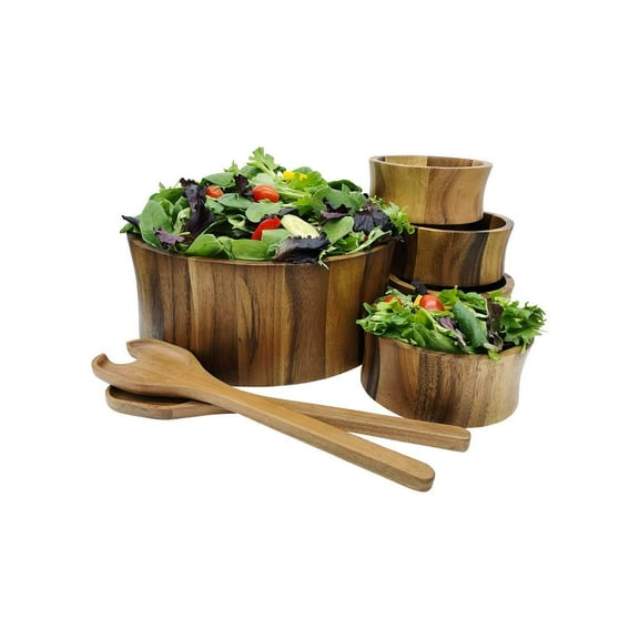 Kalmar Home 12-Inch Acacia Wood Curved Extra Large Salad Bowl with 4 Bowls