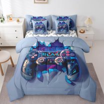 Manfei Cartoon Game Consloe Bedding Comforter Set 7 Pieces, Play Gaming Full Bedding Set, Teens Boys Girls Kids Reversible Fitted Sheet Flat Sheet, Breathable Home Decor
