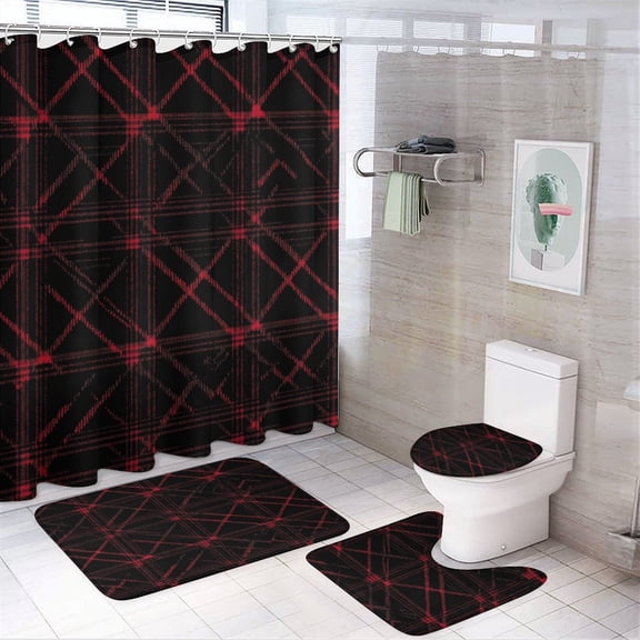 4 Piece Shower Curtain Sets with Non-Slip Rugs Toilet Lid Cover And Bath Mat Black And Red Plaid Pattern Waterproof Fabric Bath Curtain Black And Red Buffalo Check for Bathroom Decor Set