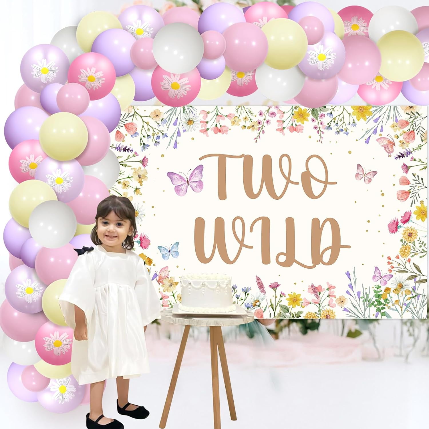 JOYMEMO Wildflower 2nd Birthday Balloon Arch Kit, Flowers Two Wild Second Birthday Backdrop 2 Year Old Girl Bday Decor, Butterfly Floral Two Years Old Birthday Decorations Garden Supplies