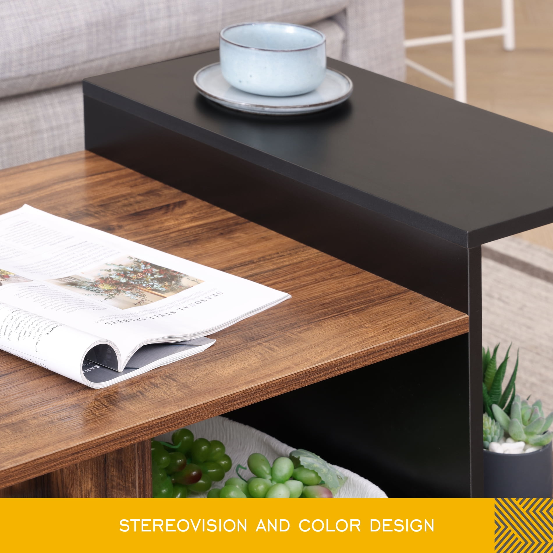 FITUEYES Industrial Wood and Metal with Shelves Coffee Table, Walnut/Black