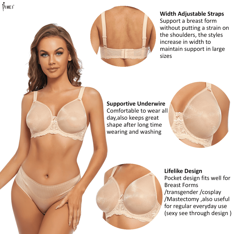 BIMEI See Through Bra CD Lace Mastectomy Lingerie Bra Silicone Breast Forms  Prosthesis Pocket Bra with Steel Ring 9018,Beige,42D