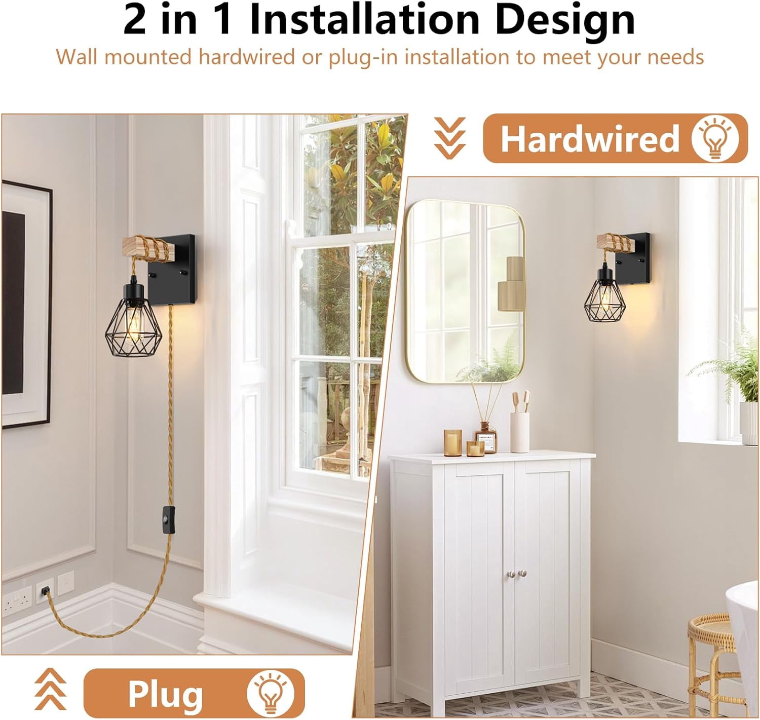 Plug in Wall Sconces Set of Two, Vintage Wood Wall Lamps with Plug in Cord, Farmhouse Wall Light Fixture with 5.25FT On/Off Switch Cord, Indoor Sconces Lighting for Bedroom Living Room